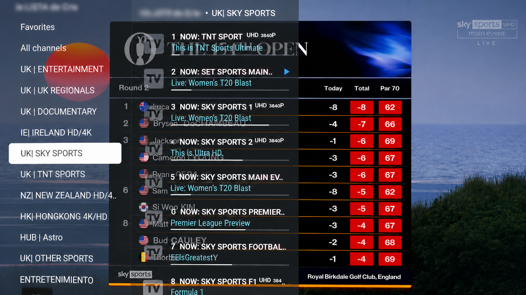 Kingtiger IPTV channel list displayed on a television